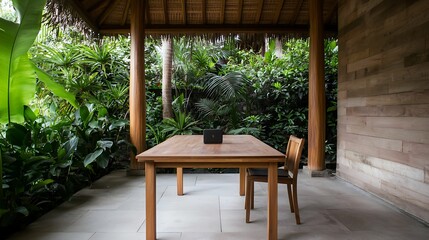 Bamboo eco-friendly furniture. A serene outdoor space featuring a wooden table and chair surrounded by lush greenery beneath a thatched roof.