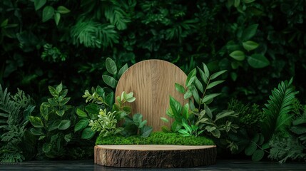 Naklejka premium Natural wood podium with live moss details surrounded by lush greenery indoor setup aesthetic design vibrant atmosphere
