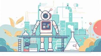 Naklejka premium Cartoon of a robot managing a smart eco-friendly urban park