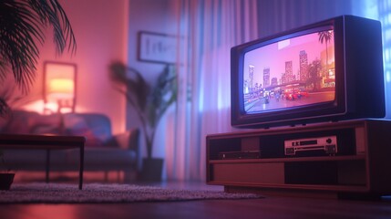 Retro living room with vintage TV showing 80s city scene.