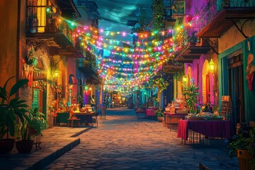A vibrant street scene illuminated by colorful lights at night, creating a festive and inviting atmosphere.