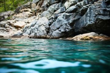 Calm turquoise waters gently lap against rugged, rocky shorelines under a serene sky.