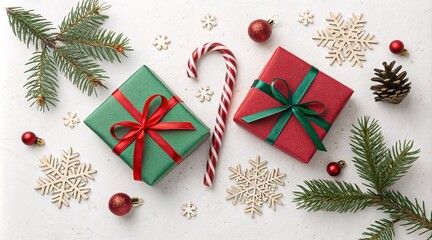 Festive Christmas Gift Boxes with Red & Green Wrapping, Pine Decor V3