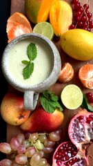 Fresh fruit display with yellow mango, lime, currants, and creamy mint sauce creates eco vibe. Organic ingredients promote wellness, adding colorful organic touch. Eco-friendly choice for health.