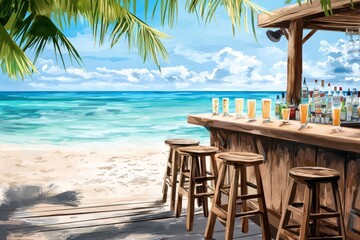 Idyllic tropical beach bar with colorful cocktails under swaying palm trees, inviting relaxation and tropical bliss.