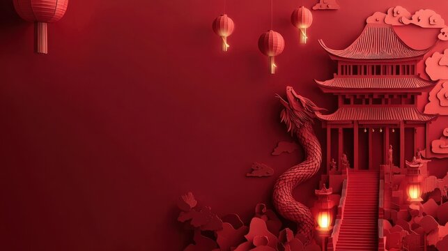 Red Dragon Ascending Paper Art Chinese Temple Festive Lunar New Year Celebration