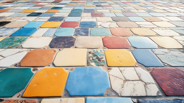 Mosaic pavement in a public square, with colorful tiles creating artistic patterns. Mosaic. Illustration