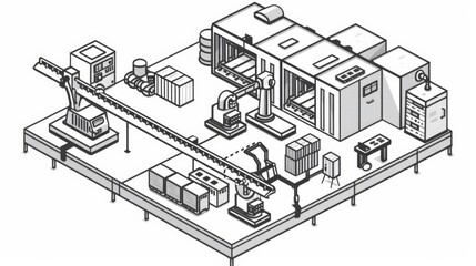 Cartoon of an AI-driven factory with efficient production lines