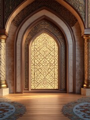 Islamic display podium decoration background with lantern and crescent cartoon style, ramadan kareem, mawlid, iftar, isra miraj, eid al fitr adha, muharram, copy space text area, 3D illustration. 