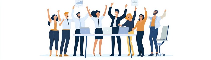 Obraz premium Celebrating teamwork and success, a diverse group of professionals raises hands in joy during a corporate meeting.