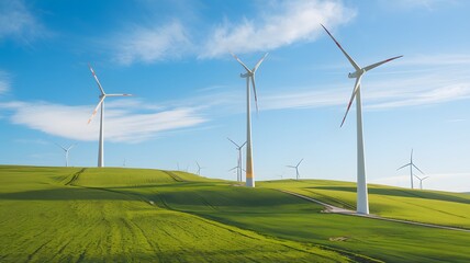 Rolling green landscape with towering wind turbines on the horizon.