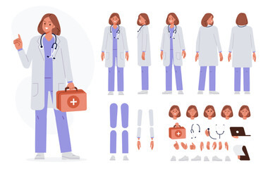 Female doctor, medical worker, therapist in hospital. Character constructor for animation. Front, side and back view set. Body parts, postures, poses collection. Vector illustration.