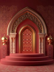Obraz premium Islamic display podium decoration background with lantern and crescent cartoon style, ramadan kareem, mawlid, iftar, isra miraj, eid al fitr adha, muharram, copy space text area, 3D illustration. 