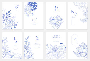 Set of floral invitation save the date card with detailed various flowers. Luxury vintage botanic template layout design, brochure or cover