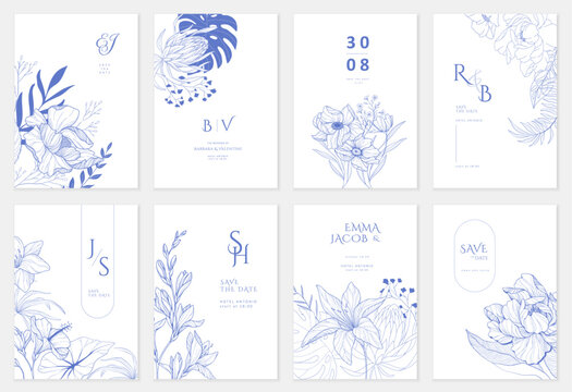Set of floral invitation save the date card with detailed various flowers. Luxury vintage botanic template layout design, brochure or cover