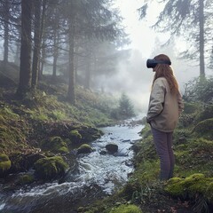 A young woman with long brown hair, standing by a serene stream in a misty forest, exploring virtual reality.