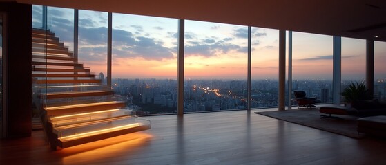 Modern penthouse sunset city view with illuminated stairs.