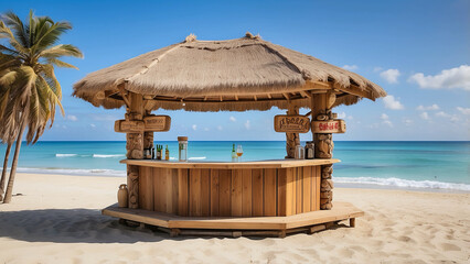 Wooden tiki bar on a beach with a clear backdrop