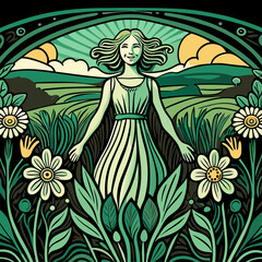 Beautiful women happy in nature between flower field