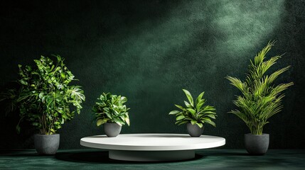 Minimalist circular podium surrounded by lush greenery in a modern setting for interior design inspiration