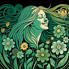 Beautiful women happy in nature between flower field