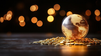 Fototapeta premium glowing digital globe surrounded by gold coins symbolizes global investment trends