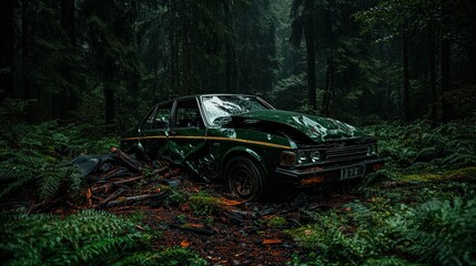 Raindrenched car wreck dense forest photographic art nature ground level abandonment and decay imagery