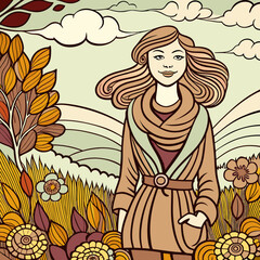 Beautiful women happy in nature between flower field in autumn