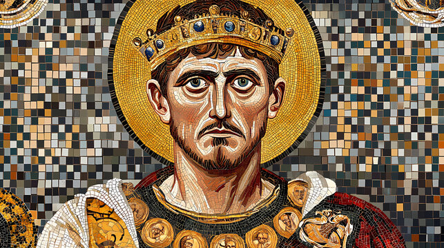 Vibrant byzantine art mosaic of justinian i, isolated on a transparent background, showcasing intricate gold and glass tiles, ornate borders, and regal imperial symbols. Mosaic. Illustration