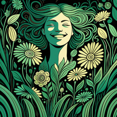 Beautiful women happy in nature between flower field