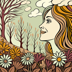 Beautiful women happy in nature between flower field in autumn