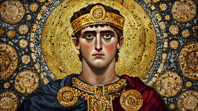 Vibrant byzantine art mosaic of justinian i, isolated on a transparent background, showcasing intricate gold and glass tiles, ornate borders, and regal imperial symbols. Mosaic. Illustration