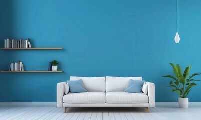 Minimalist living room interior with a white sofa. blue wall. wooden shelves. and a potted plant