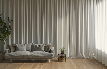 A cozy living room with a grey sofa. wooden floor. and white curtains. featuring two plants and a side table
