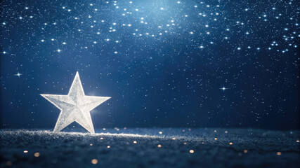 A lone shining silver star against a dark starry sky, symbolizing hope, dreams and the magic of the holiday season.Blue holiday abstract background