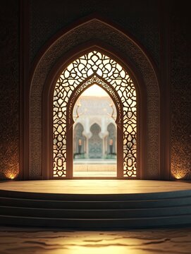 Islamic display podium decoration background with mosque window door, ramadan kareem, mawlid, iftar, isra miraj, eid al fitr adha, muharram, 3D illustration. 