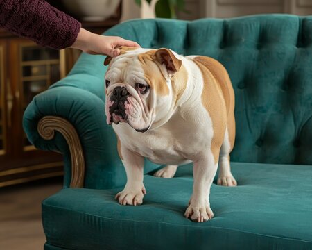 A playful bulldog stands on a cozy teal couch, receiving a gentle pat from a hand, exuding warmth and affection.