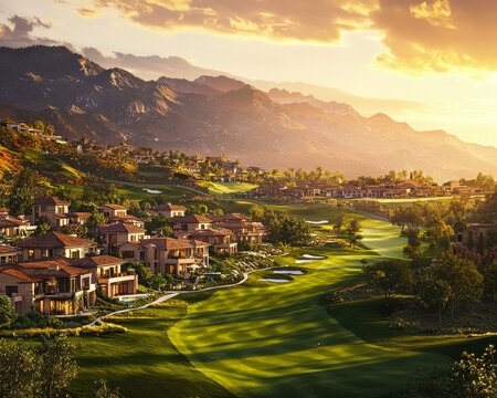 Serene sunset over a picturesque golf course with luxurious homes nestled among rolling hills.