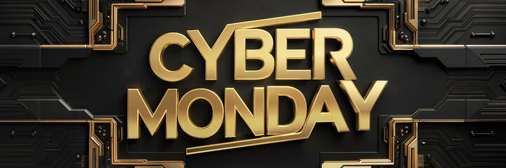Gold ‘Cyber Monday’ lettering, digital futuristic banner, black background resembling a digital board with gold accents, perfect for digital advertising