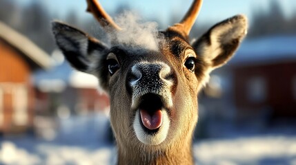 Obraz premium Deer with its mouth open and its nose in the air. The deer is looking at the camera and he is surprised or excited