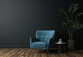 A blue armchair sits in front of a black wall with a plant and a side table in a minimalist living room