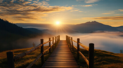 Obraz premium wooden bridge leads to breathtaking sunrise over foggy mountain landscape
