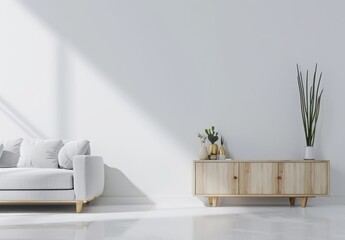 Minimalist living room interior with white sofa. wooden cabinet. and plants against a white wall with sun light