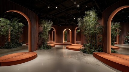 Fototapeta premium Serene architectural space featuring mirrored podiums and lush greenery indoor environment contemporary design concept