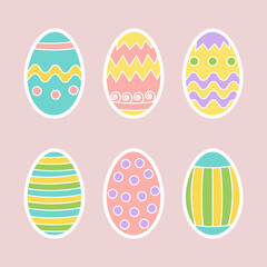 Easter egg set on a pink background. Stickers, design elements for holiday cards, banners, posters. Easter collection with different texture. Flat style vector illustration, icons.