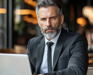A serious middle-aged Caucasian man with a beard, dressed in a black suit, working on a laptop in a modern cafe.