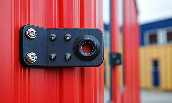 Container Security Seal Installation: Close-up of Industrial Assembly Worker Applying Cargo Seal on Newly Manufactured Shipping Container
