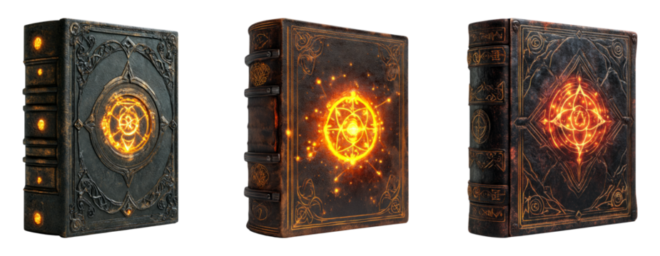 Mystical Books with Glowing Symbols on Transparent Background