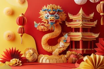 Obraz premium Chinese New Year Celebration: A Vivid Paper Art Dragon and Pagoda Scene