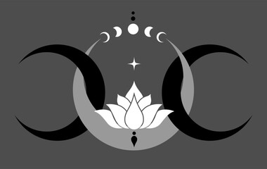 Triple Moon and Sacred Lotus flower with Moon Phases logo design. Mystical Goddess, Floral magic celestial clipart of yoga, spa, wiccan, beauty salon, cosmetics, relax, brand style, tattoo. Isolated